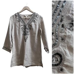 New Charter Club Tiny Hole Linen Embroidered Sequin V Neck Pullover Top Small